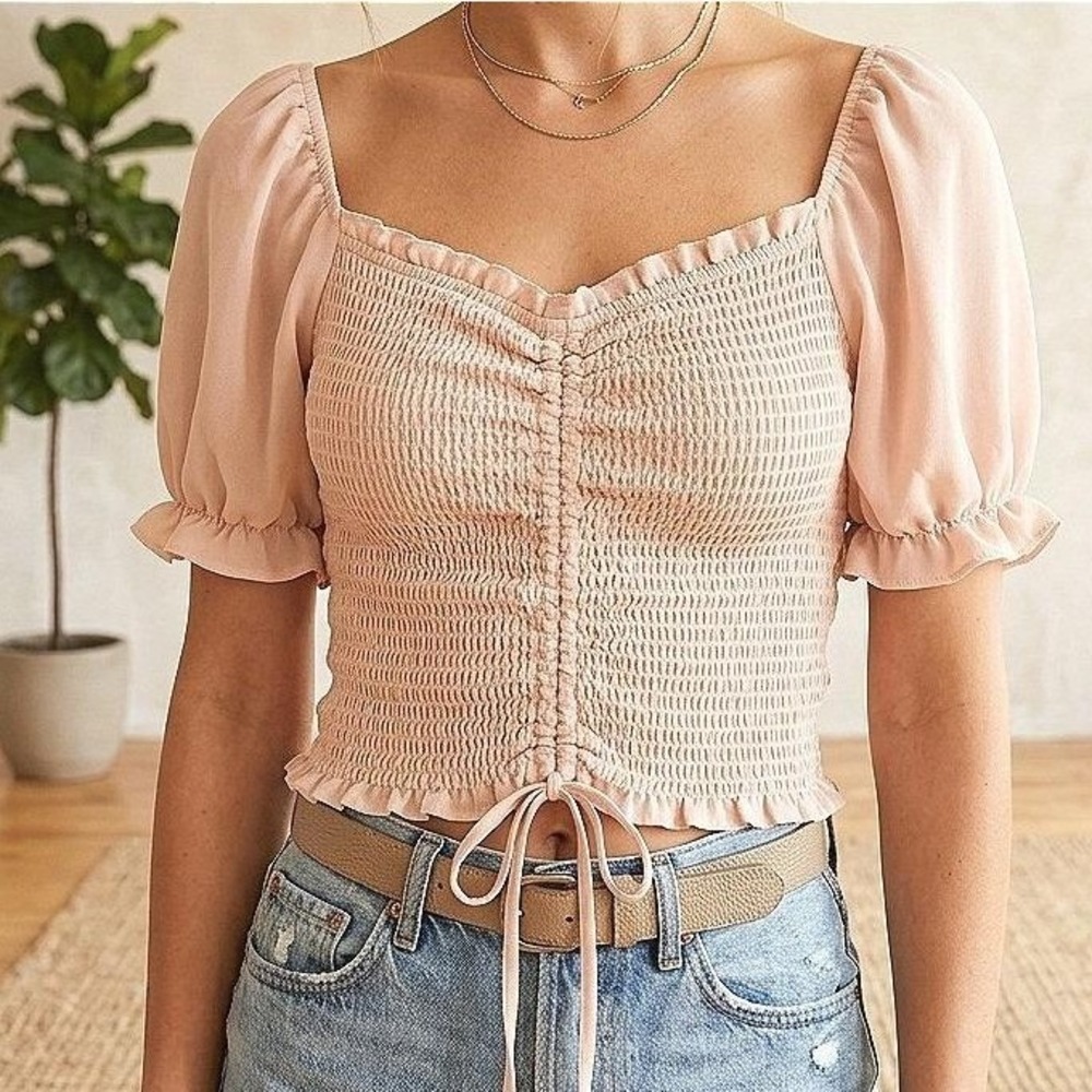 Coquette Cottagecore Smocked Puff Sleeve Top Small Active USA Milkmaid Romantic
